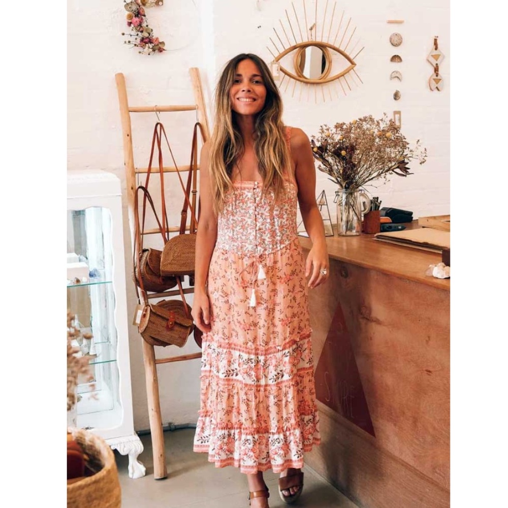 peach floral print bohemian boho cami tassel dress